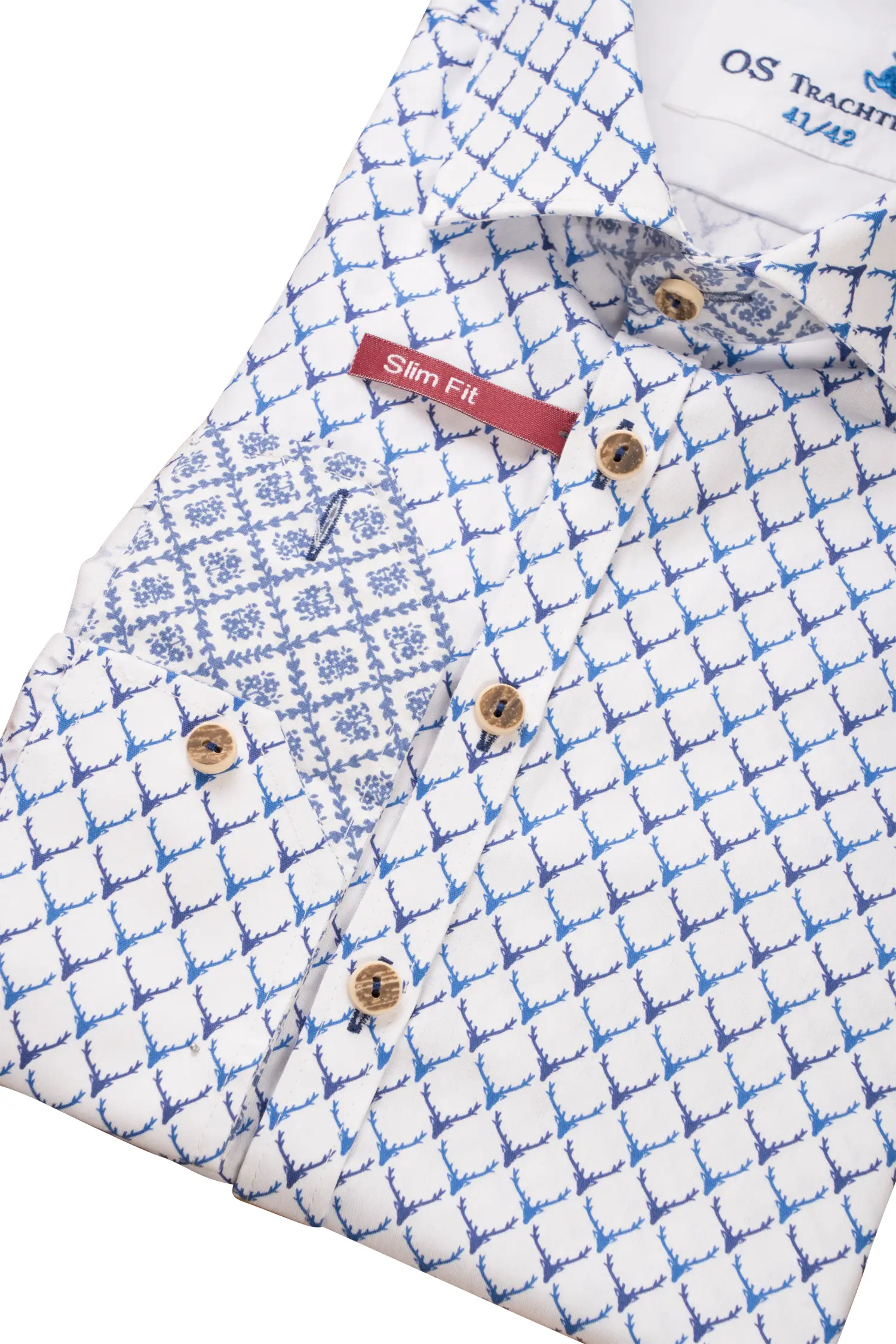 Modisches Trachtenhemd mit blauem Hirschprint Modisches Trachtenhemd mit blauem Hirschprint - Detail Ärmel